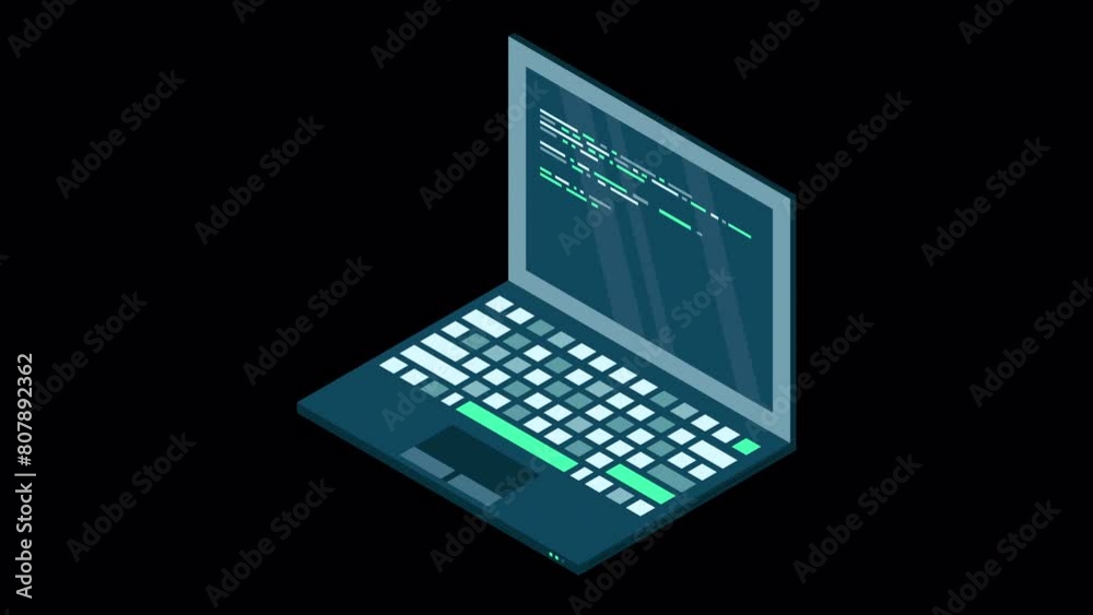 Poster Isometric laptop animation. 3d isometric laptop computer. Abstract programming language and program code on a laptop screen. Transparent background with alpha channel