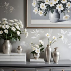  A gray and white floral painting on the wall , with a vase of white flowers and three metallic vases on a gray console table in the foreground