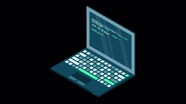 Isometric laptop animation. 3d isometric laptop computer. Abstract programming language and program code on a laptop screen. Transparent background with alpha channel