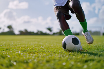 Obraz premium A soccer player dribbling and kicking a ball on a field