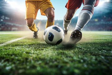 Soccer players dribbling struggling and kicking a ball on a field