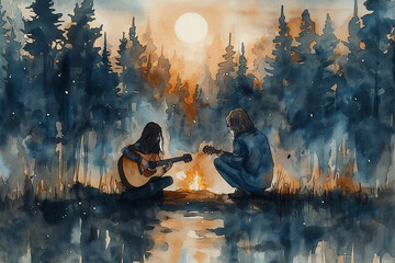 Two friends playing guitar and singing songs around a campfire, surrounded by the tranquility of the forest. Watercolor style, FriendshipDay background
