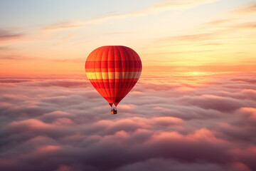 Obraz premium Colorful hot air balloon floats over a sea of clouds at sunset