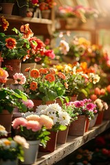 Numerous potted flowers of various colors and types are neatly arranged on shelves and tables in a flower shop