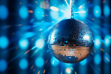 Fototapeta premium A disco ball is suspended from the ceiling at party, reflecting the lights