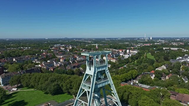 Aerial drone view of the German Mining Museum, also known as Deutsches Bergbau-Museum Bochum. This major museum showcases the history and technology of mining, featuring mineral specimens .