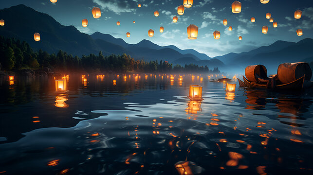 Lanterns fly in sky at river, Flying lanterns in the night sky during the DiwaNight sky with flying lantern, Lanterns fly in sky at the river, Flying lanterns in the night skli festival Ai generated,
