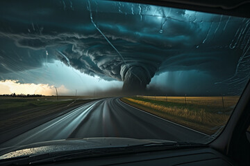 Obraz premium Tornado in a field in the USA with car on road in field under stormy dark sky