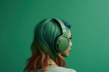 A brunet girl listens to music with headphones. Green background isolated.