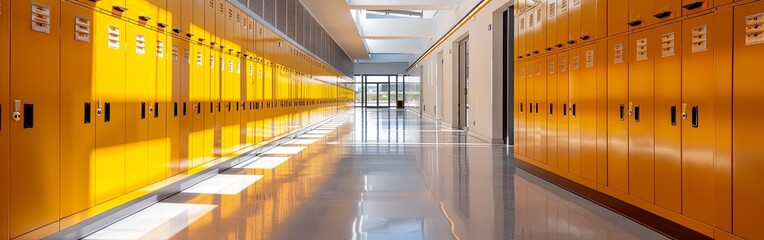 Obraz premium Bright School Hallway Vibrant Yellow Lockers, Modern Feel