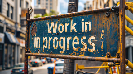 A rusted blue metal sign Construction sign that says “Work In Progress” on it. Crop 16:9