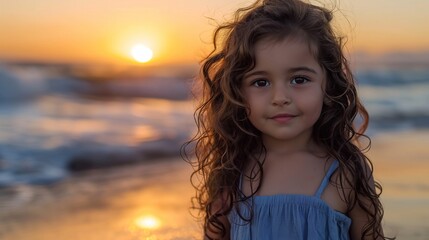 an adorable little girl with long curly brown hair standing on the beach at sunset, looking into the camera, with a cute face, in natural light. generative AI