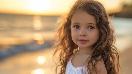 Obraz premium an adorable little girl with long curly brown hair standing on the beach at sunset, looking into the camera, with a cute face, in natural light. generative AI