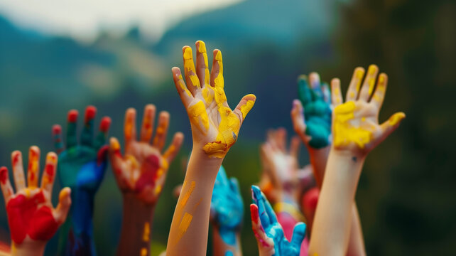 Group of people with hands painted in different colors
