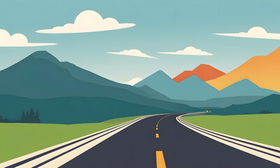 Scenic Route Through Colorful Mountains under Blue Skies, A Minimalist Travel Concept