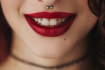 Close-Up of Bold Red Lips with Nose Piercing, Fashion Beauty Concept