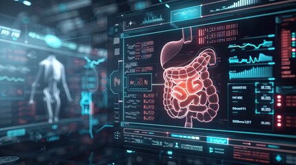 Fototapeta premium An Xray image of the human gastrointestinal tract displayed on a medical monitor, surrounded by digital sythwave elements, highlighting advanced diagnostic technology
