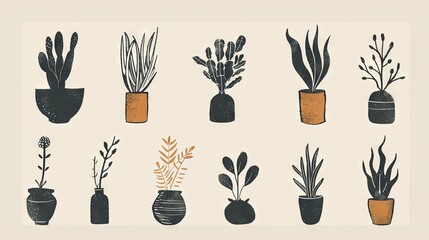 Fototapeta premium Rustic hand-drawn potted plant collection for cozy home decor