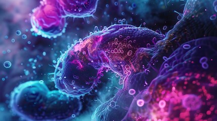 A digital medical presentation of cancerous cells in the intestines, employing neon effects to clearly illustrate the transition from microscopic to macroscopic views