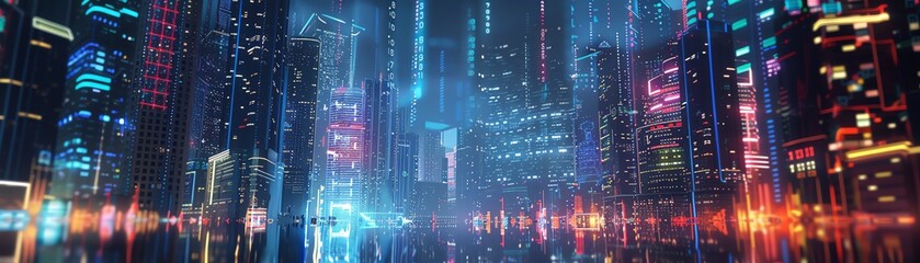 A digital painting of a cyberpunk city at night. The city is full of tall buildings, neon lights, and flying cars. The image is dark and moody, with a hint of mystery.