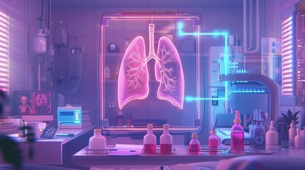 A conceptual sythwavethemed medical diagnostic room where a detailed Xray of the lungs is analyzed under neon lights for enhanced visual effect