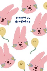 cute pink rabbit with yellow air balloon on white background. illustration birthday card decoration. greeting card for blessing.