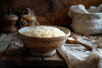 A bowl of perfectly cooked rice on an old wooden table, a classic kitchen setting with rustic wood and aged textures