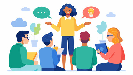 A life skills coach leading a workshop on effective communication for neurodivergent individuals teaching techniques such as active listening and. Vector illustration