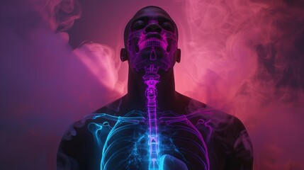 Fototapeta premium A conceptual art piece featuring a chest Xray of a healthy man, where each organ, including the diaphragm, is accentuated with neon, blending medical imaging with modern aesthetics