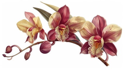 botanical illustration of rare orchid species featuring red and yellow flowers, a yellow flower, and a green leaf
