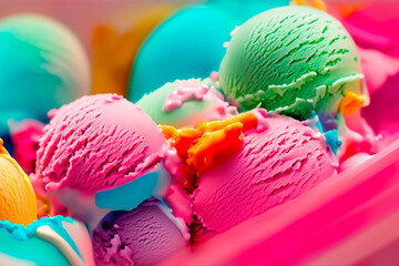 Close-up of balls of colorful ice cream in rich colors