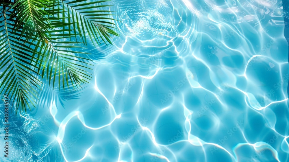 Wall mural A blue swimming pool surrounded by palm leaves, reflecting the clear sky above. The water shimmers invitingly under the sun