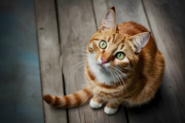 Close-Up Portrait of a Ginger Cat with Striking Green Eyes on a Wooden Floor
