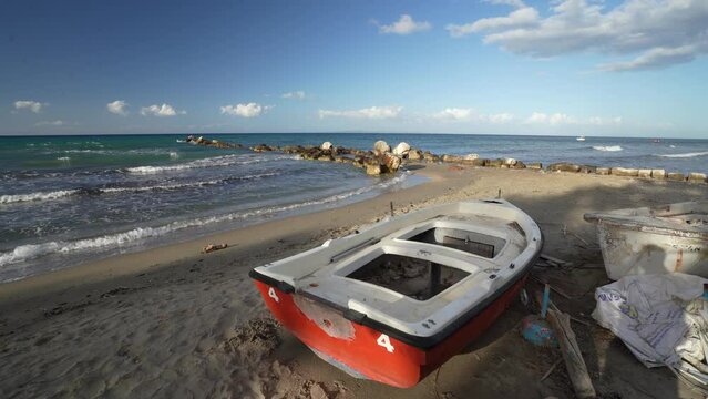 boats on the shore and beach of ARgassi , Zakynthos