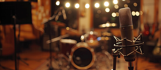 Professional microphone in a music recording studio, on the background of a blurred recording...