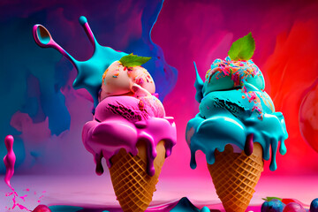 Two waffle cones with ice cream, pink and blue, which melts and drips