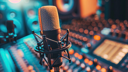 Professional microphone in a music recording studio, on the background of a blurred recording studio. Horizontal banner. Background.