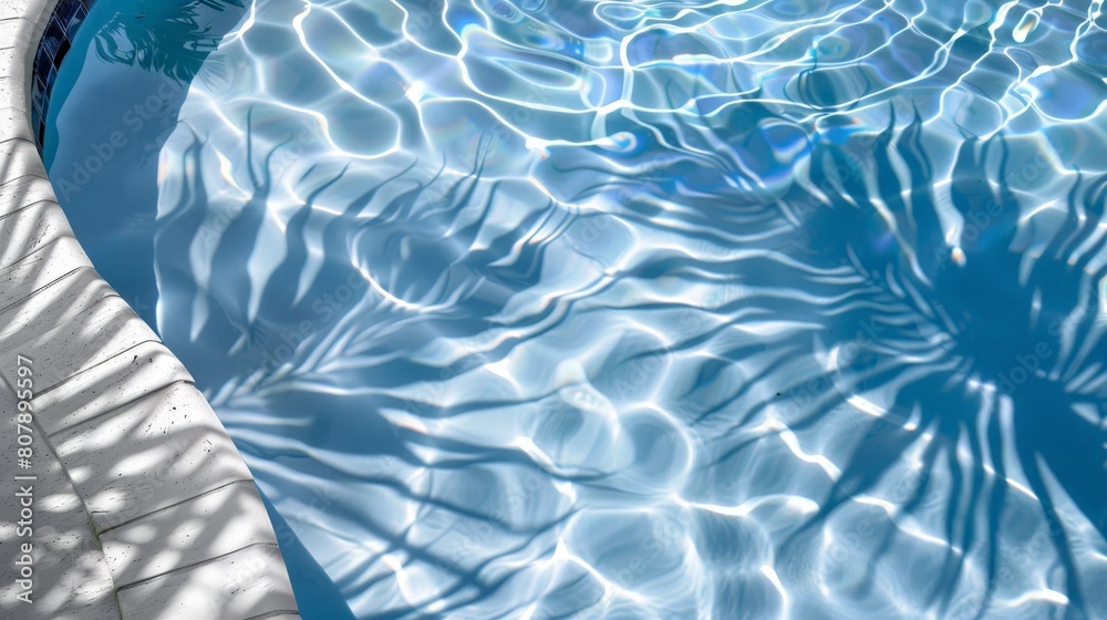 Poster The shadow of a palm tree is cast on the surface of a swimming pool, creating a striking visual effect