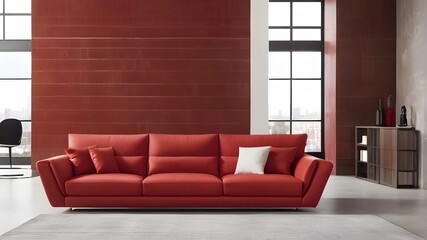 A sleek, red modular corner sofa stands out against a blank, brown stucco wall, creating a striking contrast in this loft interior design. 