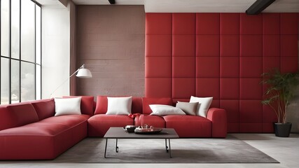 A sleek, red modular corner sofa stands out against a blank, brown stucco wall, creating a striking contrast in this loft interior design. 