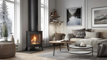 "Step into a cozy Scandinavian living room, complete with a crackling fireplace and a large, empty poster frame just waiting for your personal touch."