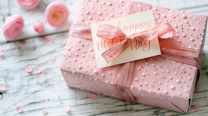 Naklejka premium pink flowers on wooden table with mother's day card
