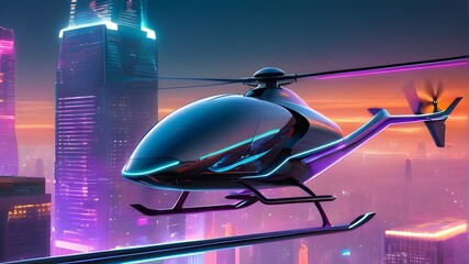 "A sleek and streamlined helicopter with a futuristic twist, soaring through a neon-lit cityscape."