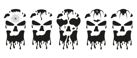 Obraz premium Vector Skull Set isolated transparent background. Flowing Grunge Skulls for Halloween card, banner, poster Design. Horror Simple graphic. EPS 10 
