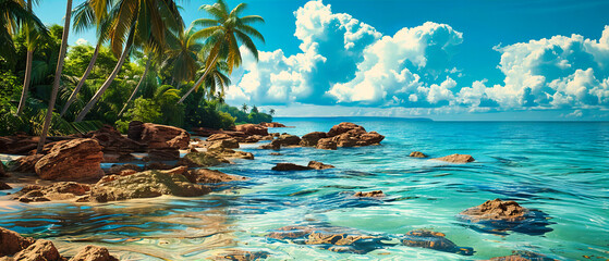 Secluded Tropical Beach with Exotic Palm Trees and Blue Sky, Picturesque Island Paradise