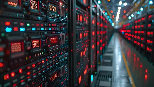 Long rows of video cards and server equipment illuminate a vast barn, crypto mining operation