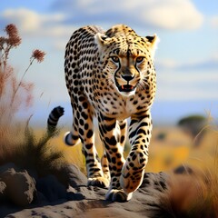 Cheetah stalking fro prey on savanna, digital art
