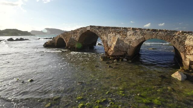 old historical stone bridge shore and beach of ARgassi , Zakynthos