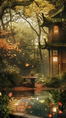 Fototapeta premium Small building in the middle of a forest. Vertical background 
