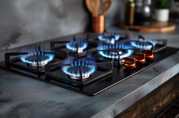 Obraz premium Simple gas cooker with four gas burners, little blue flame with red tip. Generative AI.